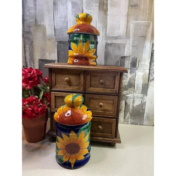 Mexican Blue Talavera Pottery Canister Set of 2 Sunflower w/ Lids - Picture 2 of 16